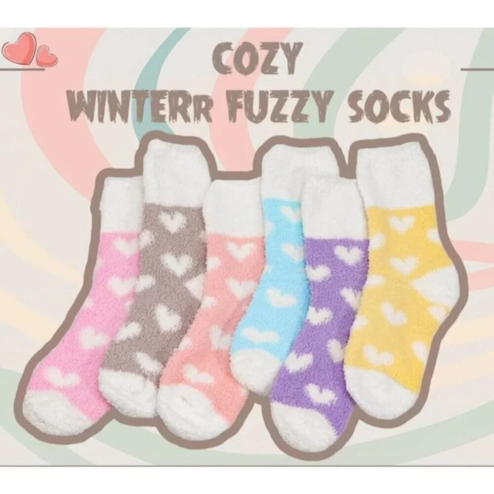Women’s Plush Slipper Socks 6-Pair Warm Fuzzy Cozy Heart Design Size 6-10